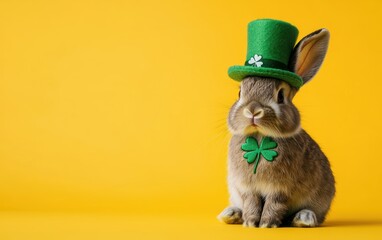 Obraz premium Cute fluffy rabbit wearing a green top hat with a shamrock on a bright yellow background Saint Patrick Day