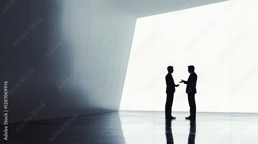 Aufkleber Business professionals engage in conversation within modern architectural space during daylight hours. Generative AI