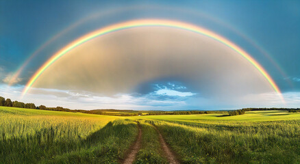 Fototapeta premium Breathtaking double rainbow arching over a lush green field under a bright blue sky