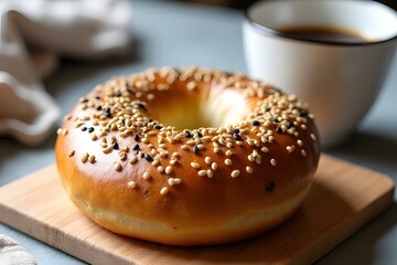Delicious breakfast with bagels coffee and donuts