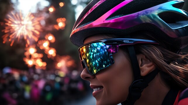 Joyful Cyclist Wearing A Bright Cycling Helmet Smiling At Fireworks