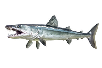 Naklejka premium Isolated image of a fish with sharp teeth on a transparent background. The fish has a silver body with a dark dorsal fin