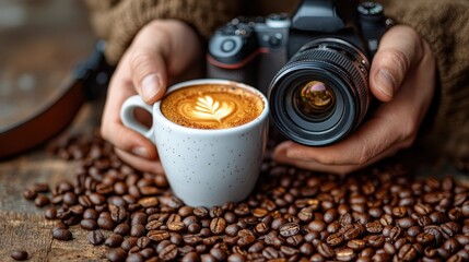 Champion photographer holds white ceramic coffee cup with latte art and camera