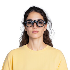 Obraz premium Woman with large glasses and yellow sweater on transparent background