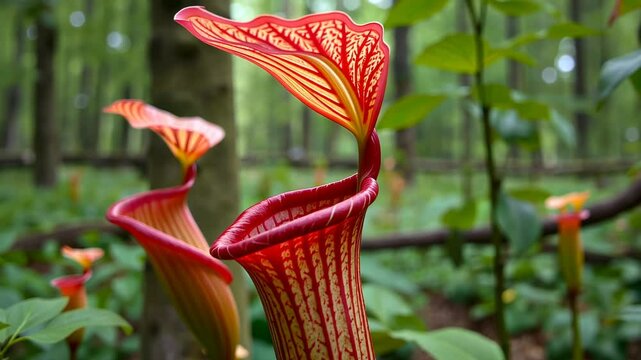Red and Yellow Pitcher Plants with Veined Hoods in a Lush Green Forest Background under Natural Lighting