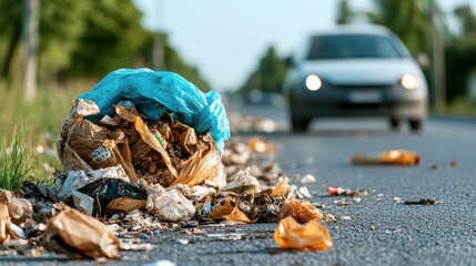 An image showing litter scattered on a roadside with a blurred car approaching, raising concerns about environmental responsibility and community actions in broad daylight.