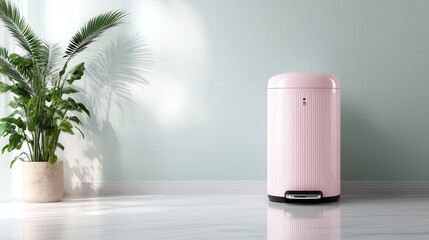 A chic pink waste bin stands prominently next to lush greenery, illustrating a perfect combination of style and functionality suitable for contemporary spaces.