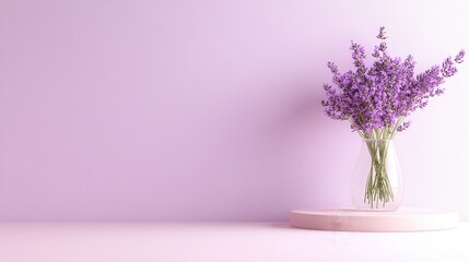 Fototapeta premium A beautiful lavender bouquet arranged in a transparent vase rests on a delicate pink table, adding a touch of elegance and freshness to any space.