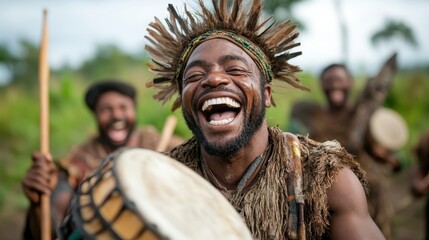A joyful musician plays a drum outside, surrounded by fellow performers, highlighting cultural heritage and the vibrant spirit of traditional music and community celebrations.