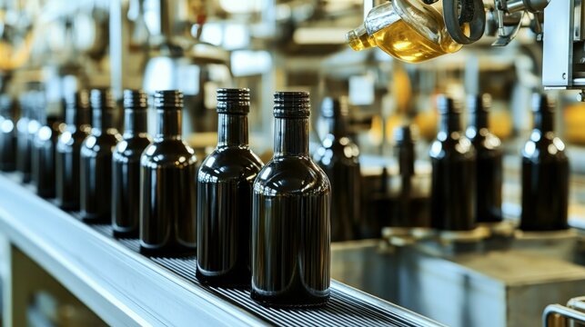 Olive oil factory bottling line with dark glass bottles and precision machinery
