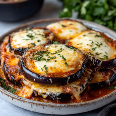 A plate of classic Italian eggplant parmesan with melted mozzarella cheese.