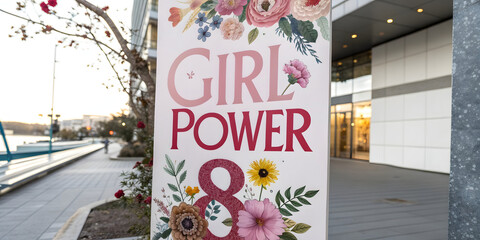 Girl Power: An outdoor scene that embodies the spirit of empowerment, a banner adorned with floral designs proclaims "Girl Power" symbolizing strength and celebrating womanhood.