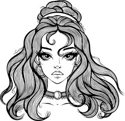 Beautiful young woman with long wavy hair and choker. Fashion girl portrait. Vector illustration in hand drawn sketch doodle style. Line art graphic isolated on white for coloring book, print