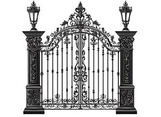 Black and white vector illustration an ornate Victorian-style metal gate with architectural detail, simple design, flat shape, symmetrical, clip art, isolated on a solid pure white background.