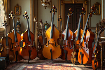 Fototapeta premium Stringed bowed musical instruments in acoustic room. Row of vintage wooden contrabass, cellos, violins and altos.