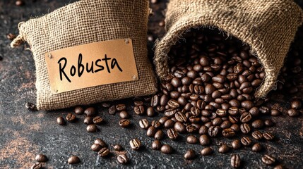 Freshly harvested coffee beans in jute sack labeled Robusta on textured background