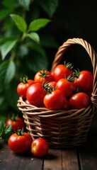 Ripe red tomatoes overflowing a rustic basket , nature, still life, lycopene