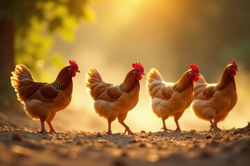 Fototapeta premium Several hens roaming freely, dust bathing in sun, bird, farm