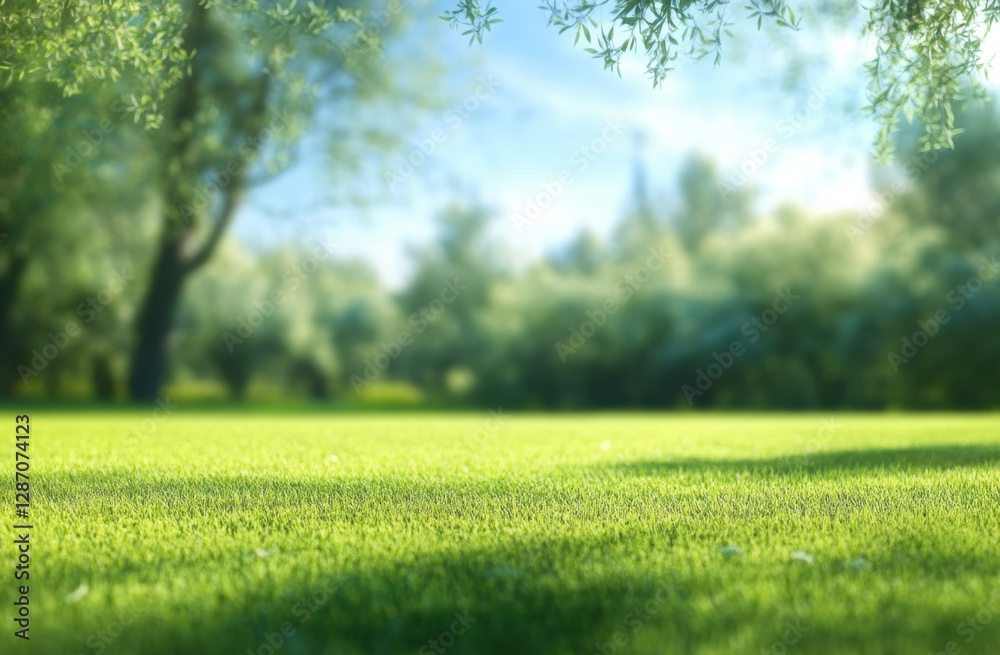 Wall mural beautiful blurred background image of spring nature with a neatly trimmed lawn surrounded by trees a