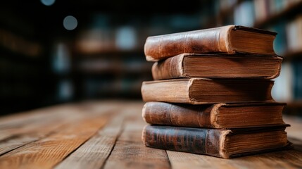 A captivating arrangement of antique leather-bound books that highlight the beauty of vintage literature and evoke a sense of nostalgia and history in a cozy library setting.