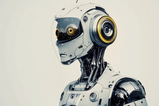 Futuristic humanoid robot with glowing eyes and sleek chrome finish