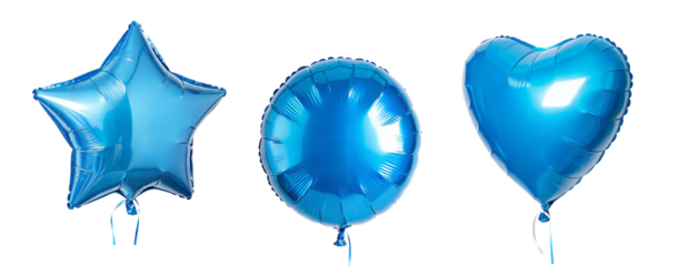 Blue foil balloons in star, round, and heart shapes on isolated transparent background. Сutout PNG file