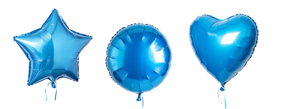 Blue foil balloons in star, round, and heart shapes on isolated transparent background. Сutout PNG file