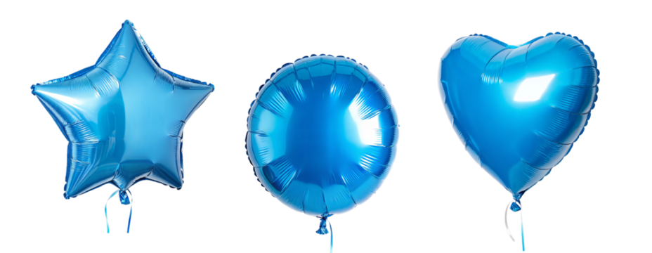 Blue foil balloons in star, round, and heart shapes on isolated transparent background. Сutout PNG file - Powered by Adobe