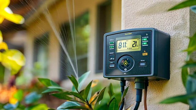 A digital irrigation timer affixed to an exterior wall with a background of leaves.