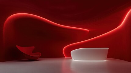 This image features an elegant red-themed interior with flowing light shapes that create an ambiance of modern design, comfort, and innovative artistry.