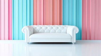 A stylish white chesterfield sofa placed in front of vibrant, colorful striped wall panels, symbolizing modern design and comfort in contemporary living spaces.