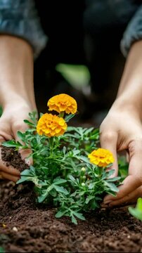 Woman's hands planting a plant with yellow flowers in a fertile soil. Generative AI.