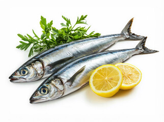 Two fresh silver fish fillets with lemon and parsley on white background. AI generative.