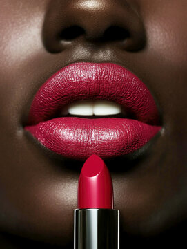 Close-up of an African American woman's fuchsia painted lips with a lipstick of the same color. AI generative.
