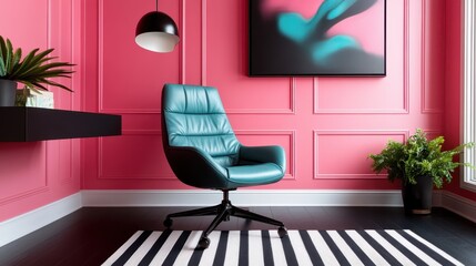 This image presents a lively office environment, featuring a turquoise chair against striking pink walls and contemporary decor that boosts creativity and engagement.