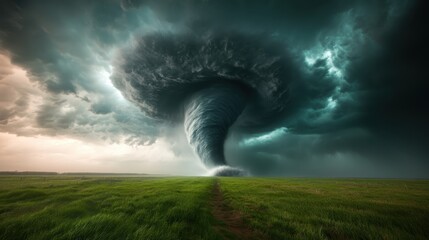 A powerful tornado spirals into the sky, creating a dramatic scene over a vibrant green landscape, encapsulating the raw energy and unpredictability of nature.