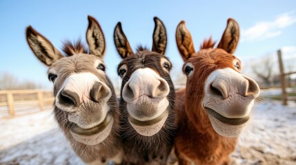 A happy trio of donkeys displaying their unique characteristics with cheerful expressions in a sunny rural environment reflecting their playful and friendly nature.