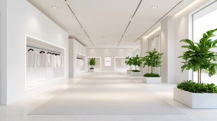 Obraz premium Modern minimalist clothing store interior; plants, bright lighting