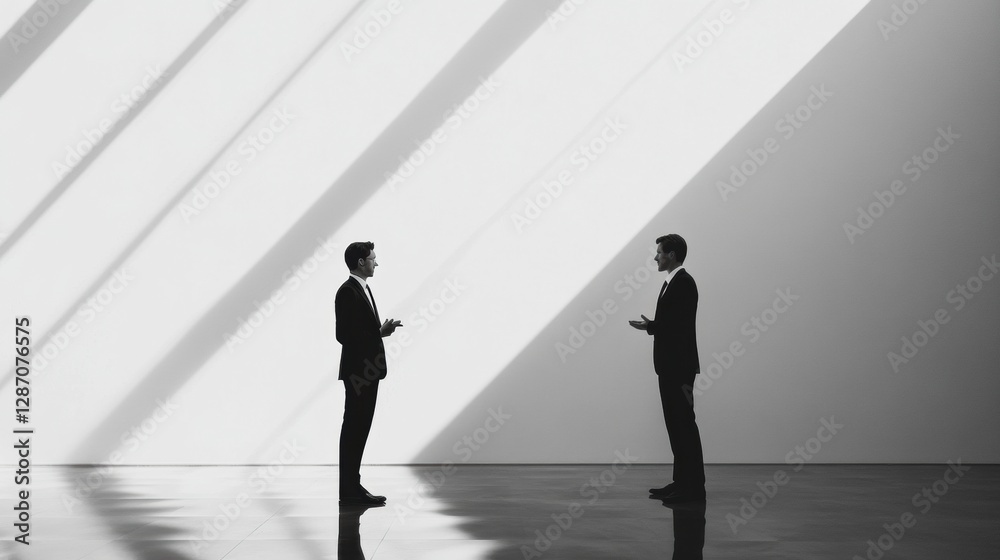 Leinwandbilder two individuals engage in conversation in a minimalist space with striking light patterns on the wal