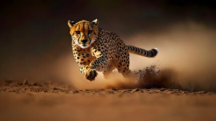 A cheetah sprinting across the African savannah its powerful muscles in full motion.