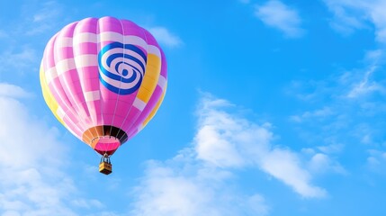 Fototapeta premium Pink hot air balloon soaring, blue sky, clouds, travel