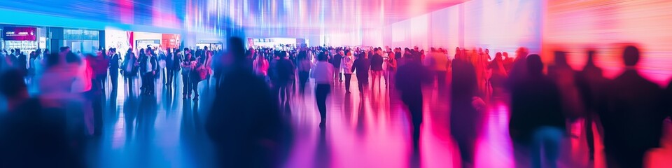 Exhibition expo event trade fair hall with busy bustling people walking to conferences in a modern hall crowded business people with a red and light blue color effect.. Generative AI