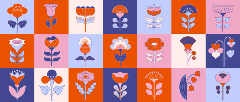 Fototapeta Geometric flowers collection, Nordic, Scandinavian style flowers illustrations. Red, blue modern flowers design