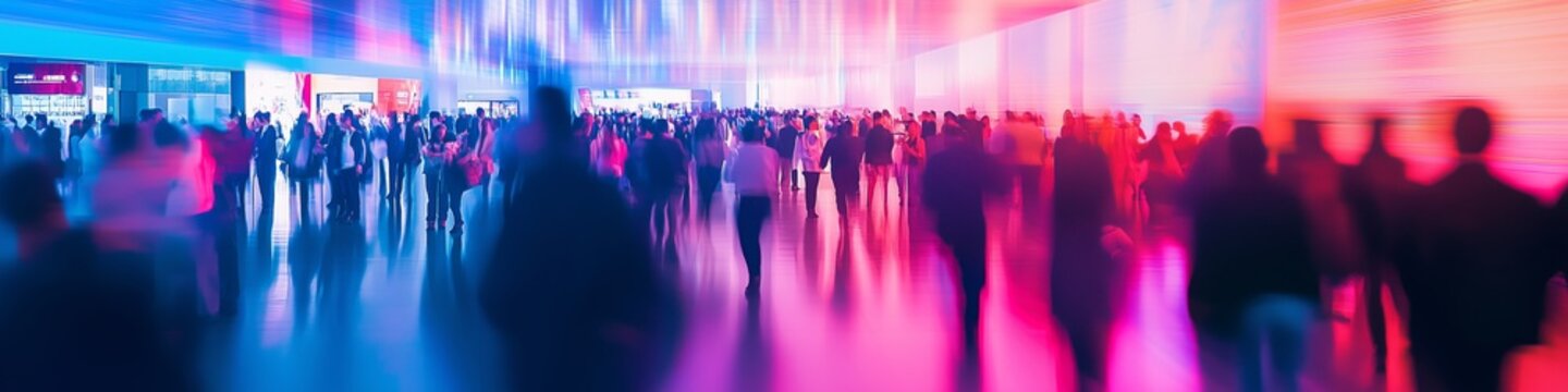 Exhibition expo event trade fair hall with busy bustling people walking to conferences in a modern hall crowded business people with a red and light blue color effect.. Generative AI