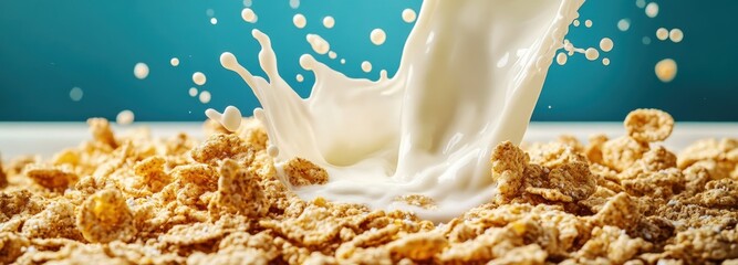 Pouring milk creates a splash over crispy cereal flakes in dynamic breakfast moment