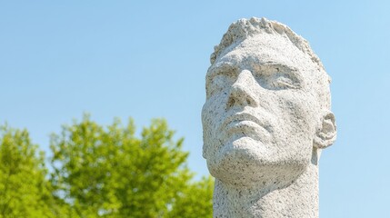Obraz premium Stone sculpture of a man's head looking upward against a clear blue sky and green trees.