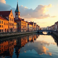 Obraz premium Golden light on historic buildings, reflections in the water, water, Italy, Venice