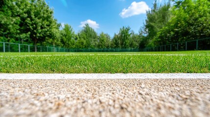 Obraz premium Green grass field, sunny day, trees background, sports