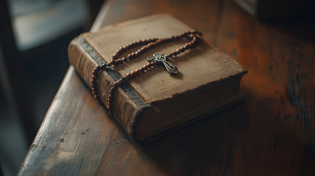 A simple wooden rosary wrapped around an old Bible placed on a rustic wooden table.