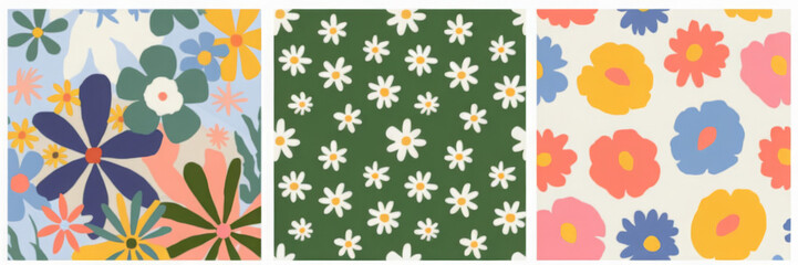 Trendy floral seamless pattern collection. Set of vintage 70s style flower background illustration. Colorful pastel color groovy artwork bundle, y2k nature backgrounds with spring plants. 